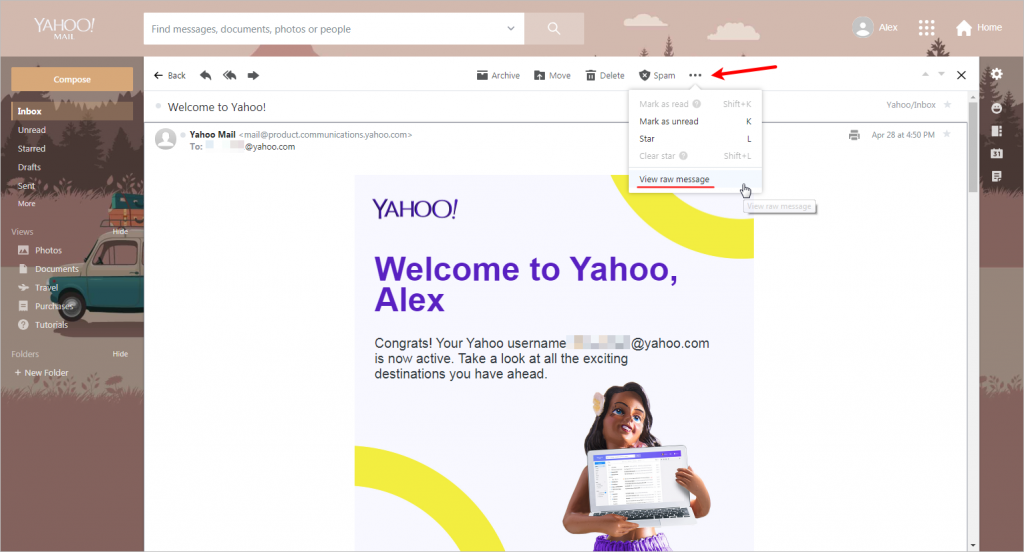 Технические заголовки письма в Yahoo.com